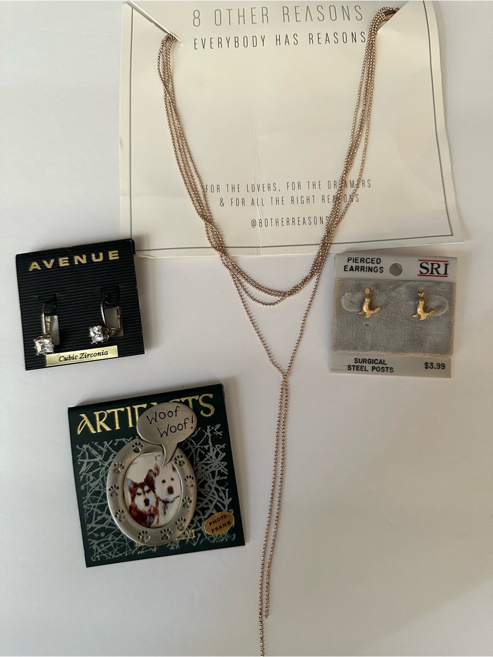 Jewelry lot 8 Other Reasons Gold Layered Lariat Necklace Earrings Dog Frame pin